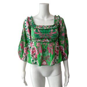 $225 NWT love the label Green Pink Floral Smocked Poplin Clementine Top size XXS